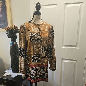 Blair Boutique Long Sleeve Front-Buttoned Blouse, Camel/ black Women's, Size S/M